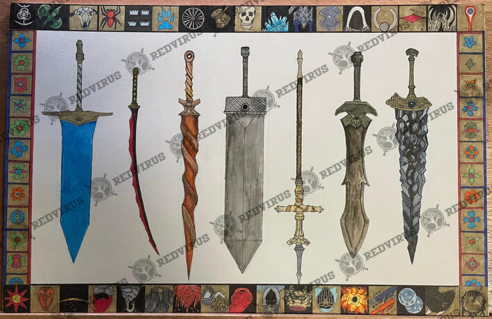 Souls Series Weapon Poster A poster containing the following weapons from the Dark Souls series: Moonlight greatsword, Rivers of Blood, Firelink Sword, Greatsword, Dragonslayer Spear, Black Knight Greatsword, and Maliketh's Black Blade