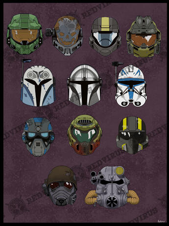 A series of videogame helmets on a purple background. Some of the helmets included are from: Starwars, Halo, Fallout, and Helldivers